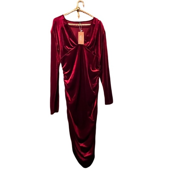 NWT Shein Lux Deep Plunge Velvet Midi Dress Burgundy Red Sz XL Women - Picture 5 of 11